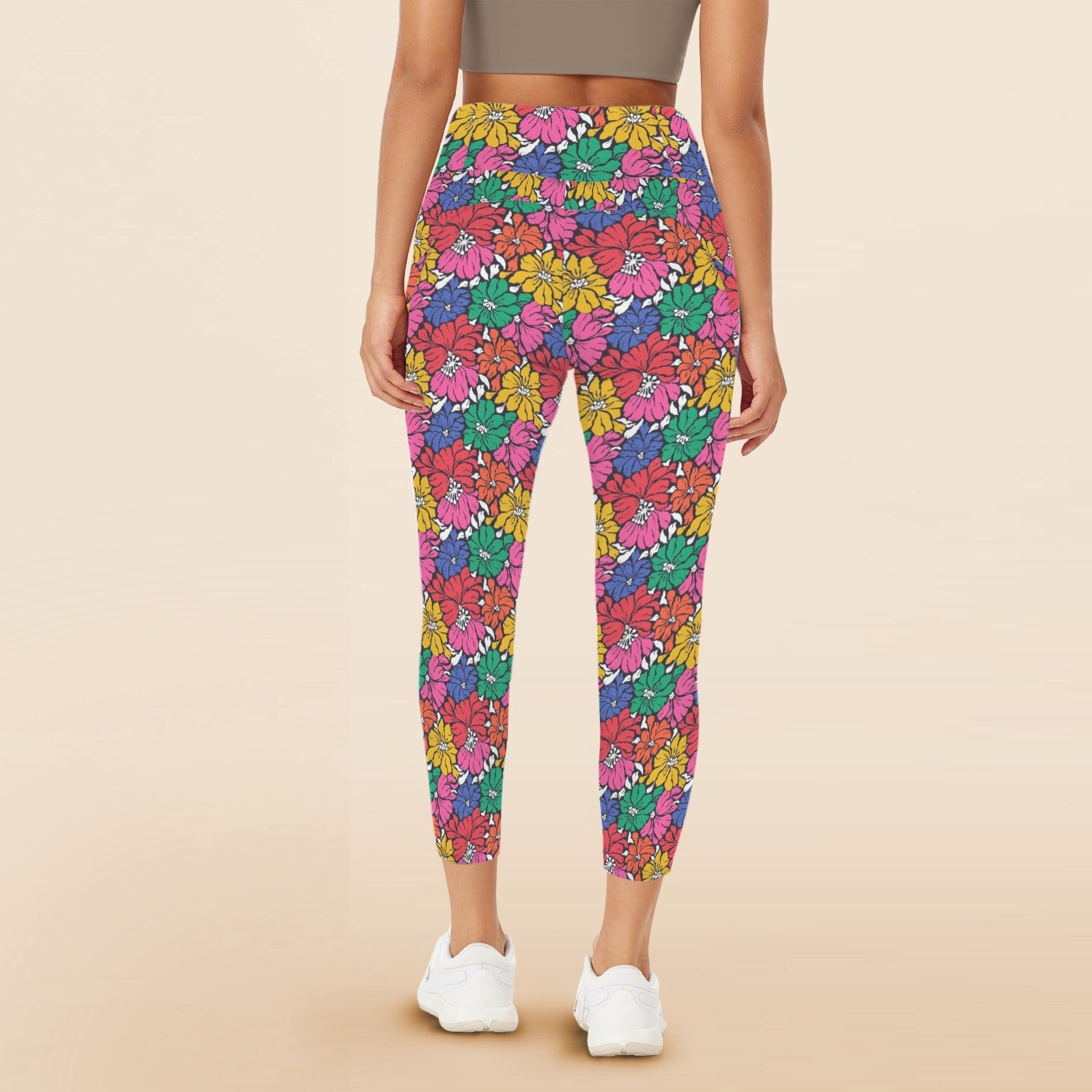 Bright And Bold Flowers Women's High Waist Pockets Yoga Leggings Women's High Waist Pockets Yoga Leggings Plants Printed Offshore Retro