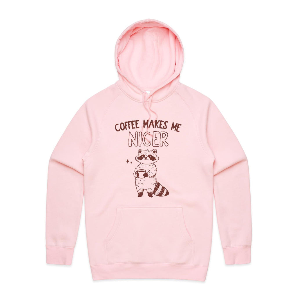 Coffee Makes Me Nicer, Raccoon - Mens Hoodie Pink Mens Hoodie animal Coffee Printed In Australia