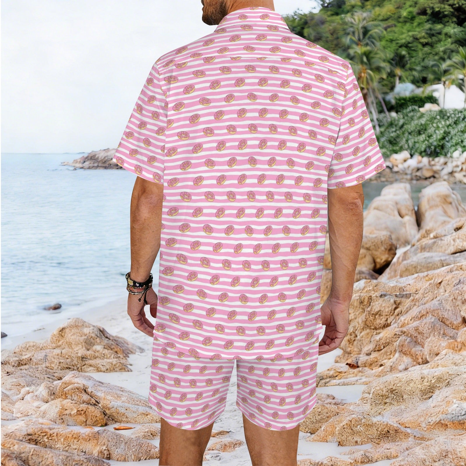 Pink Donut Stripes Men's Hawaiian Shirt & Shorts Set Men's Hawaiian Shirt & Shorts Set Food Printed Offshore