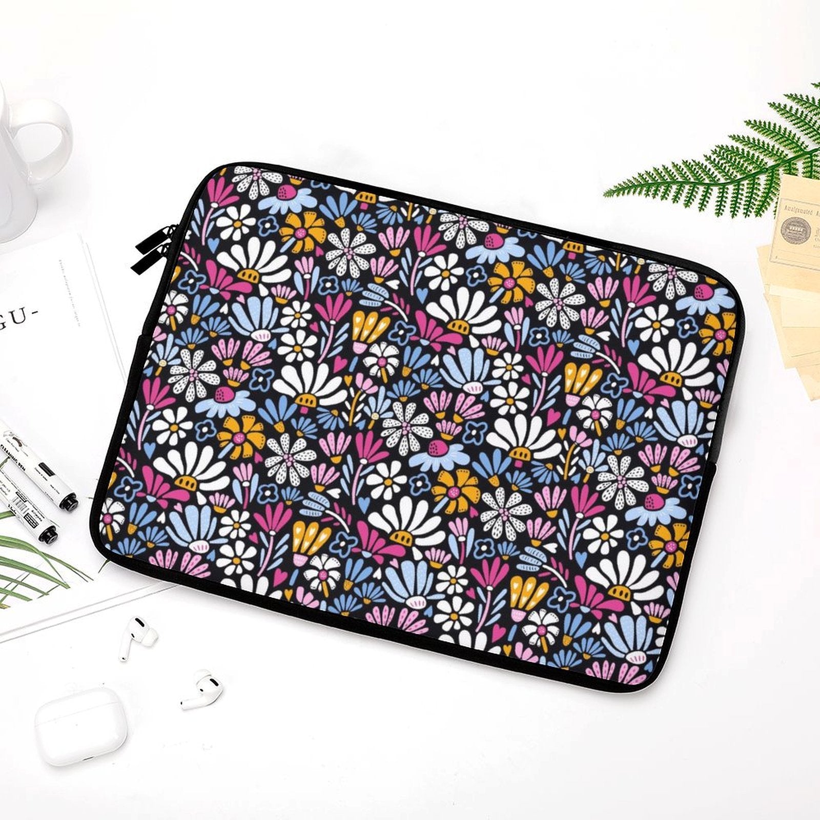 Graphic Flowers On Black - Laptop Sleeve (Multiple Sizes)