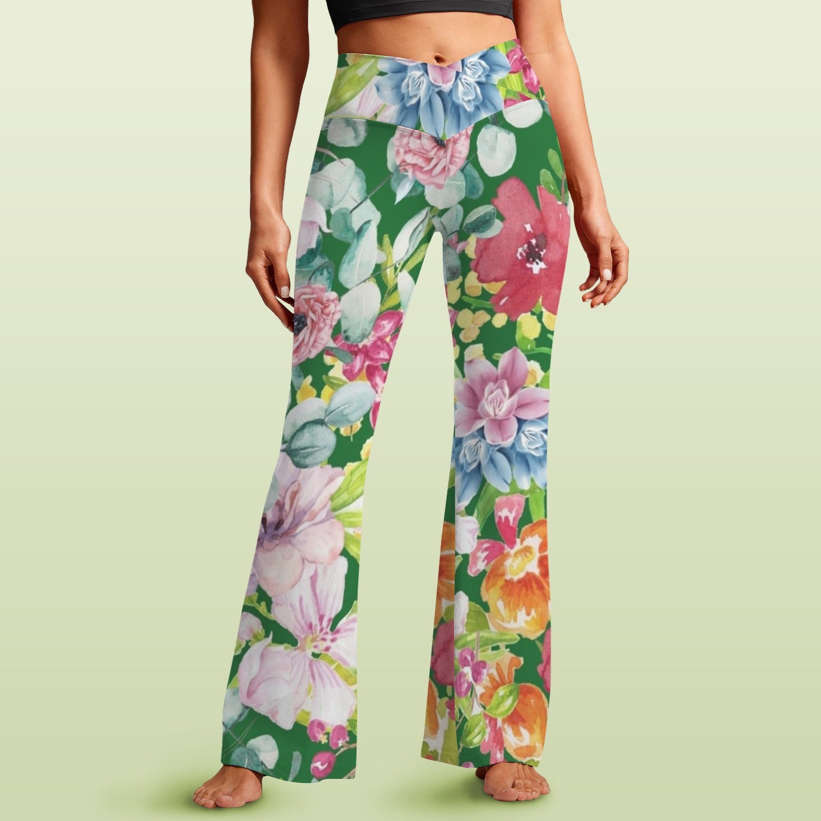 Bright Floral High Waist Crossover Tummy Control Flare Leggings 5XL High Waist Flare Leggings Plants Printed Offshore