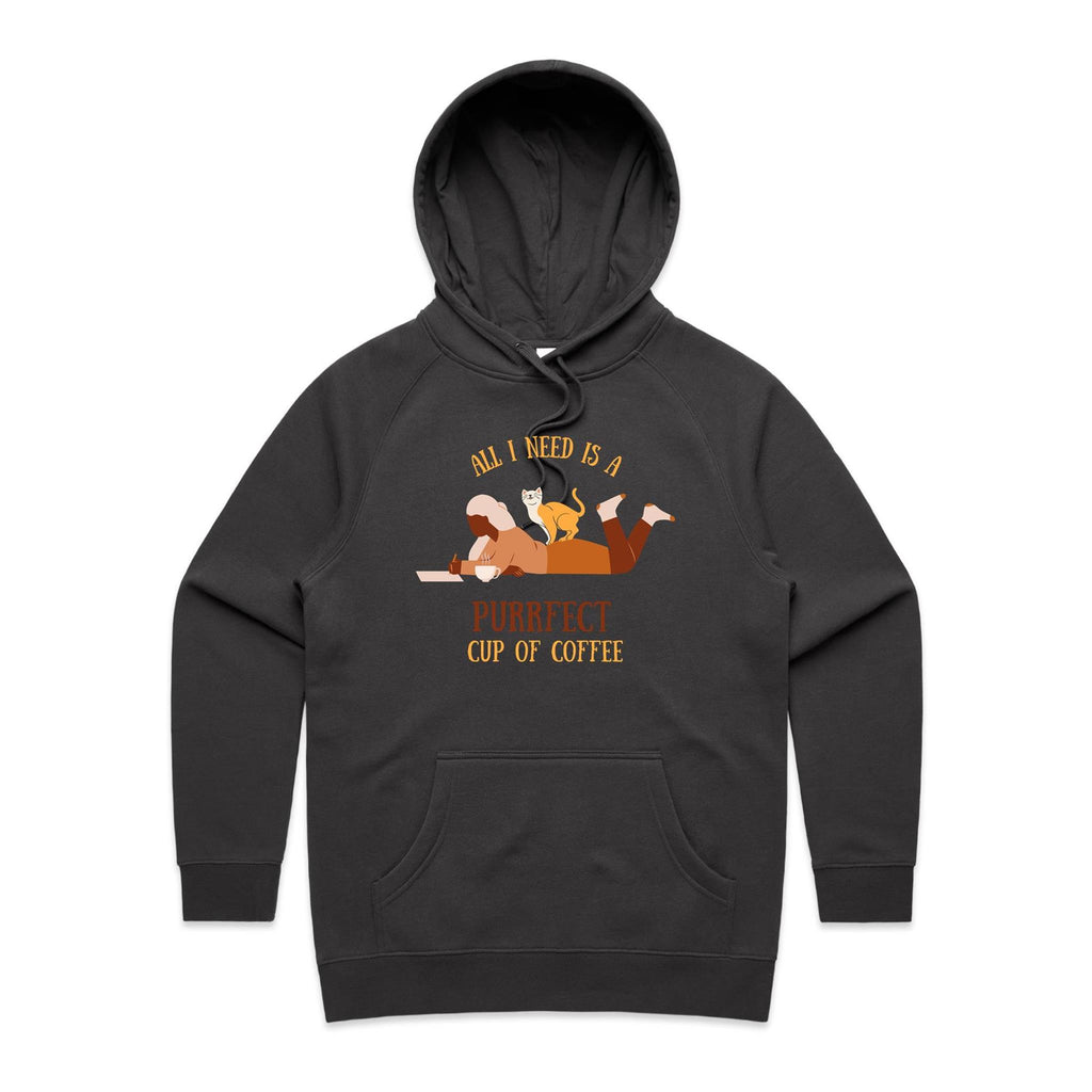All I Need Is A Purrfect Cup Of Coffee, Cat - Womens Hoodie Coal Womens Hoodie animal Coffee Printed In Australia