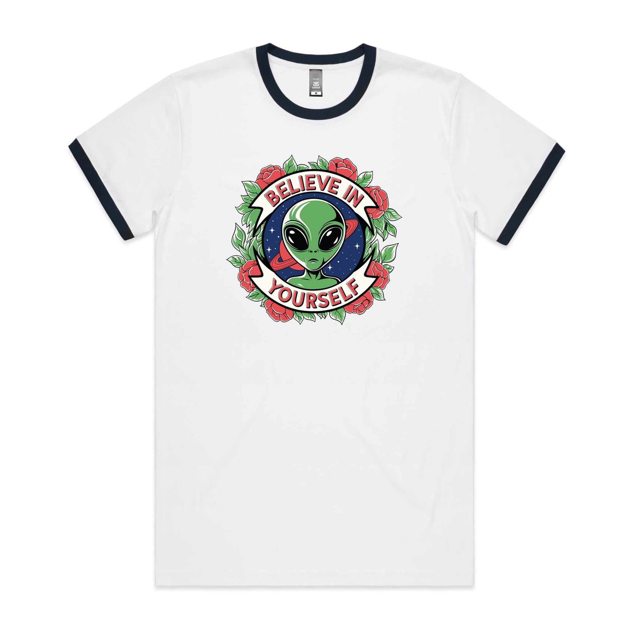 Believe In Yourself, Alien - Staple Ringer Tee White Navy Ringer T-Shirt Motivation Positivity Printed In Australia Sci Fi