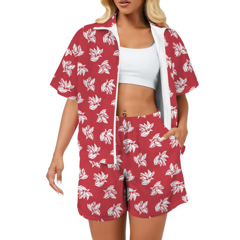 Red Retro Foliage Women's Windbreaker Short Set 2XL Women's Windbreaker Short Set Plants Printed Offshore