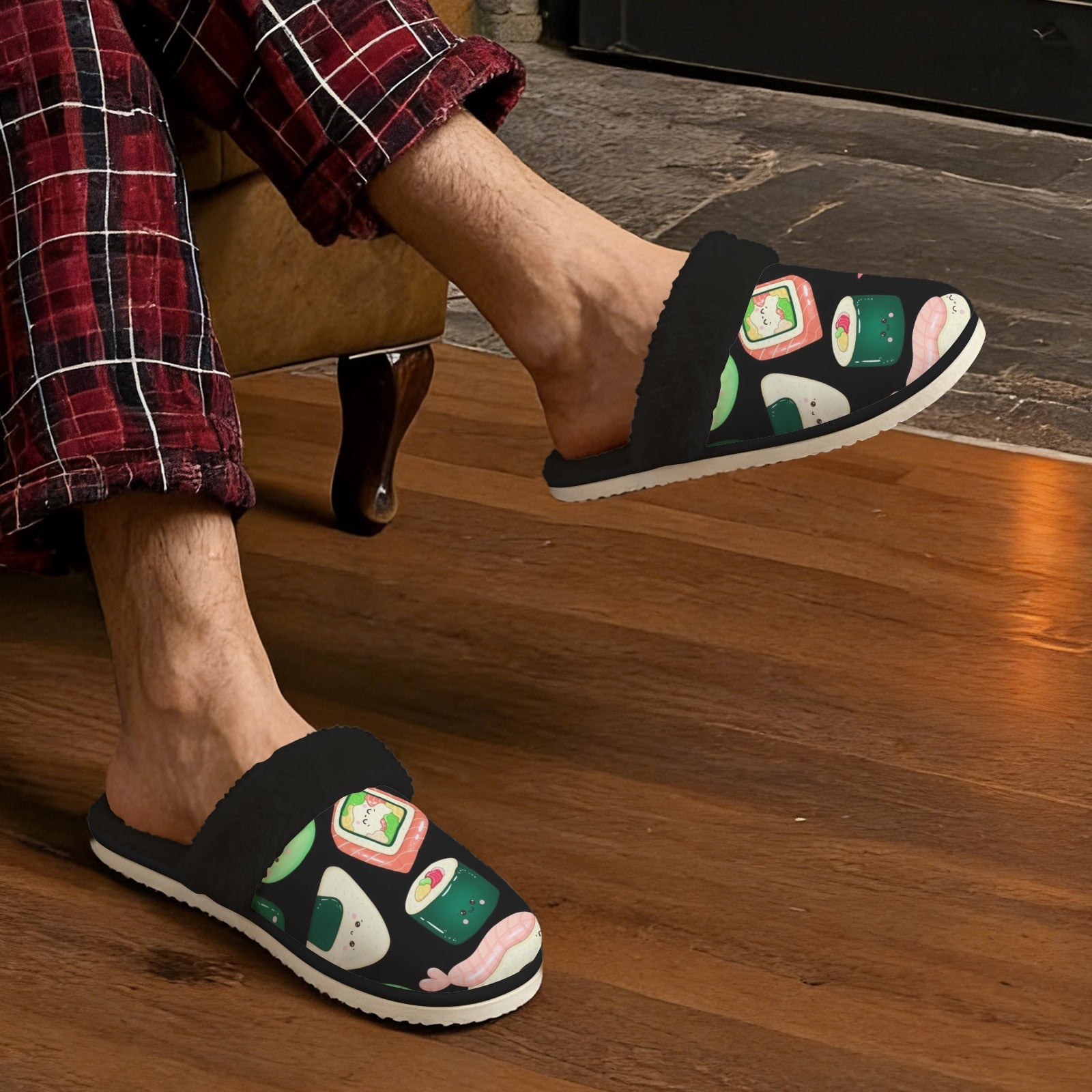 Happy Sushi Men's Fur Trim Thick-Sole Indoor Slippers Men's Fur Trimmed Slippers Food Printed Offshore