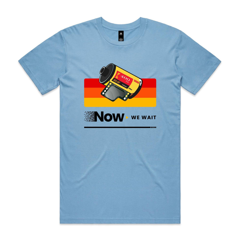 Camera Film, Now We Wait Men's AS Colour T-shirt Carolina Blue Mens T-shirt Printed In Australia Retro