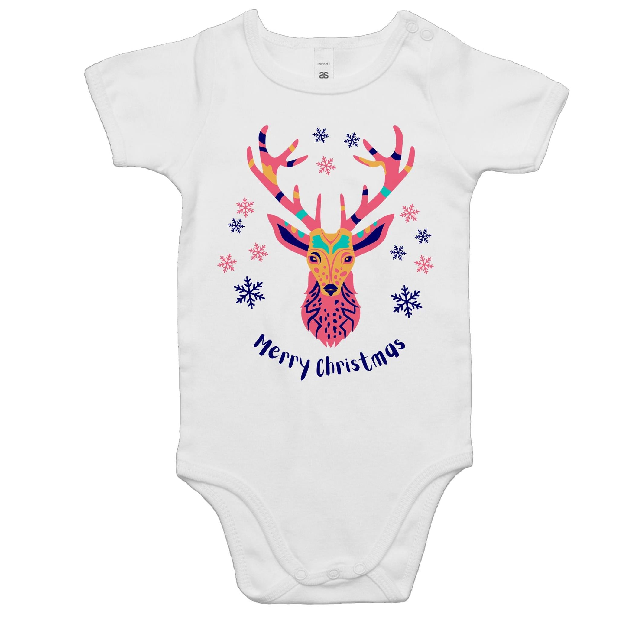 Merry Christmas Deer - Baby Bodysuit White Baby Christmas Bodysuit Christmas Printed In Australia