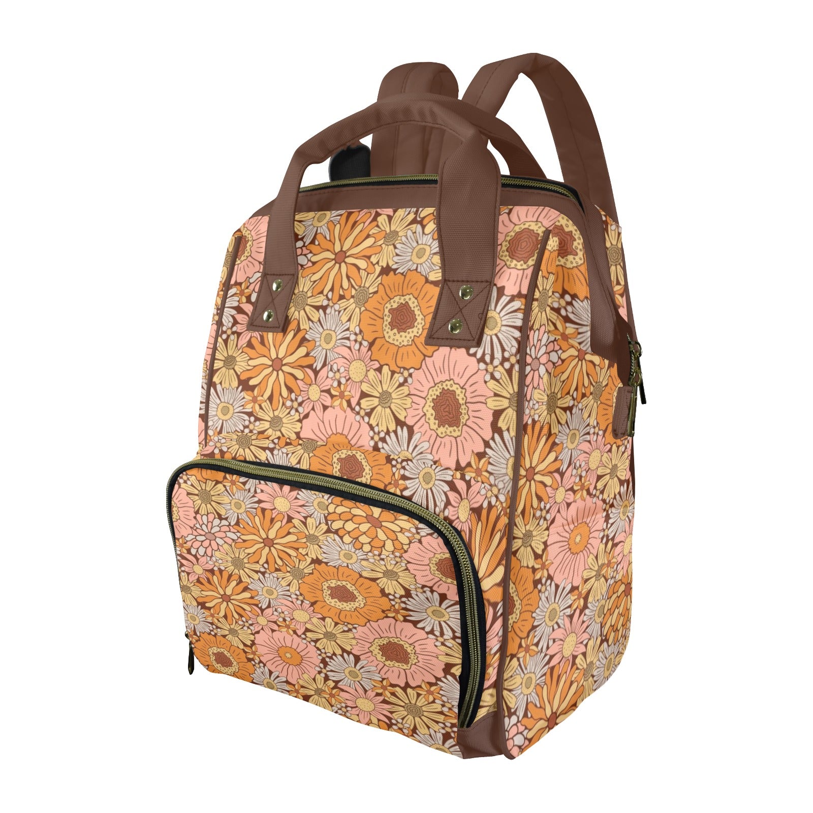 Orange Retro Floral Multi-Function Backpack, Nappy / Diaper Bag One Size Multi-function Backpack, Nappy / Diaper Bag Plants Printed Offshore