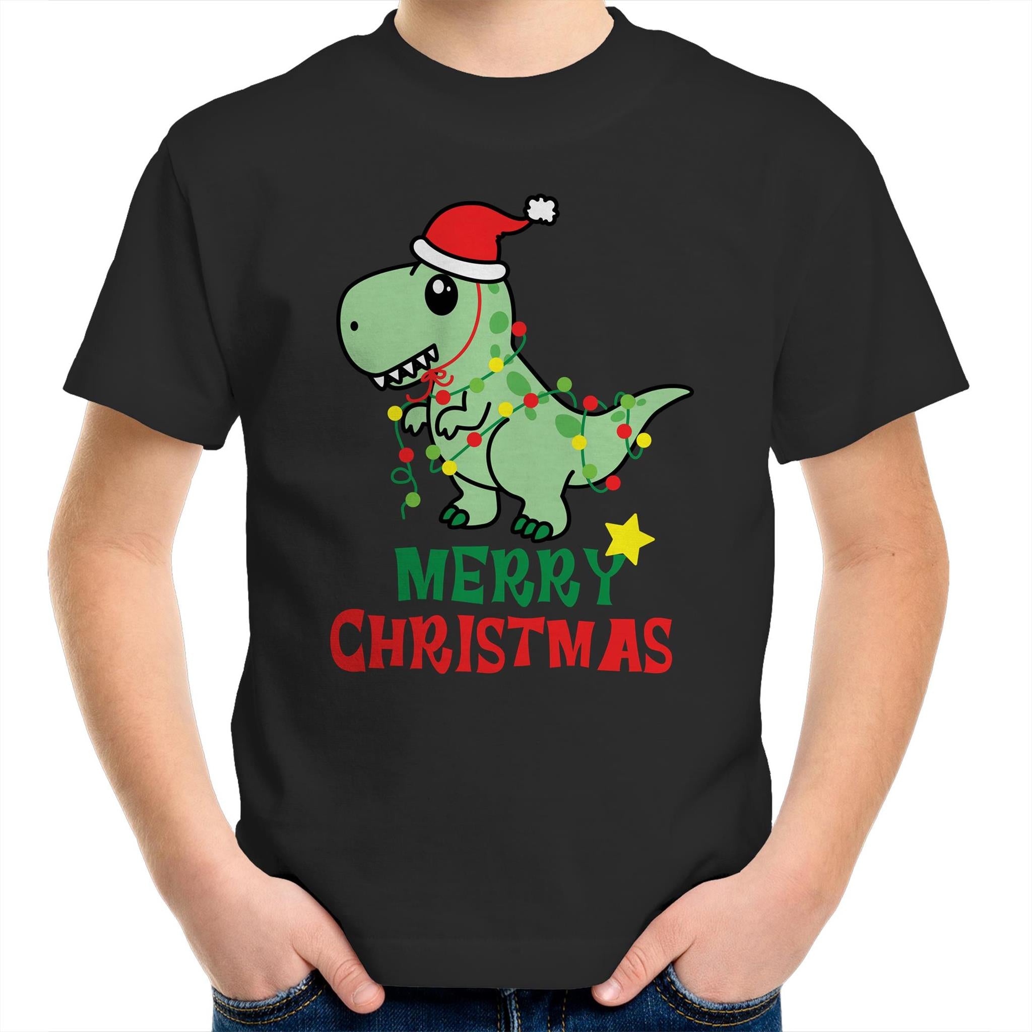 Dinosaur Santa, Merry Christmas - Kids Youth T-Shirt Black Kids Christmas T-shirt Christmas Printed In Australia