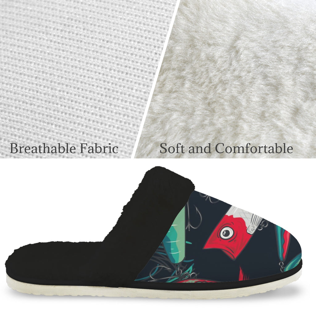 Fishing Lures Men's Fur Trim Thick-Sole Indoor Slippers Men's Fur Trimmed Slippers animal Ocean Printed Offshore
