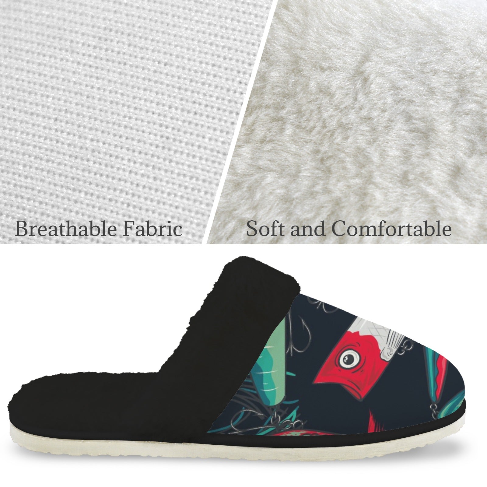 Fishing Lures Men's Fur Trim Thick-Sole Indoor Slippers Men's Fur Trimmed Slippers animal Ocean Printed Offshore