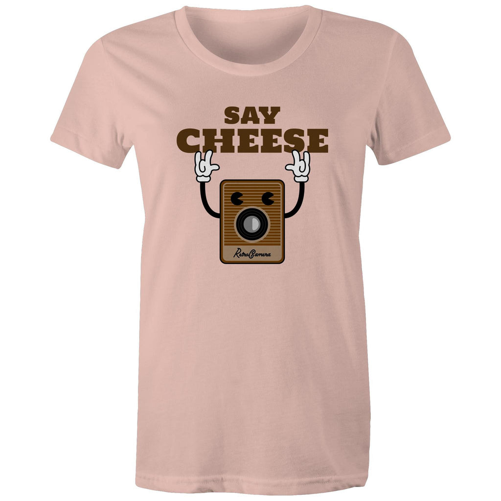Say Cheese, Vintage Camera - Womens T-shirt Pale Pink Womens T-shirt Printed In Australia Retro