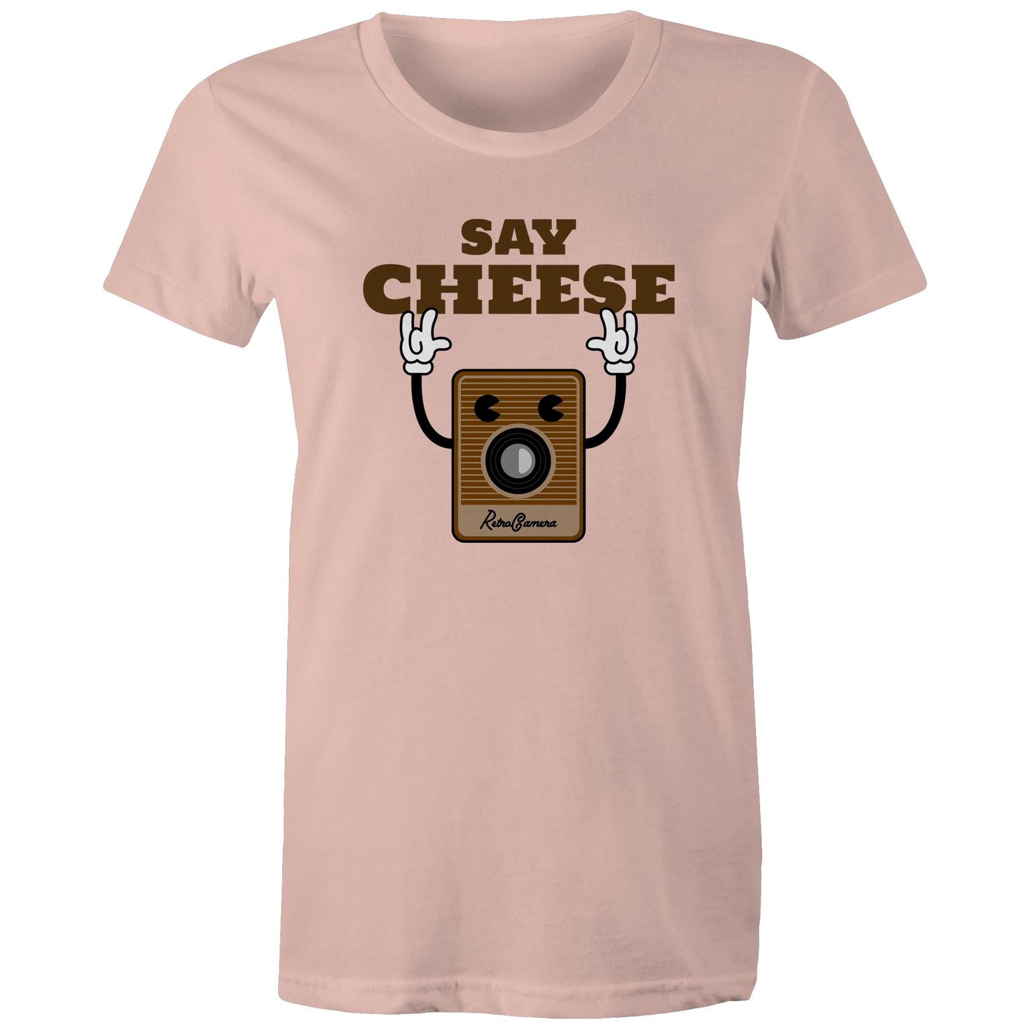 Say Cheese, Vintage Camera - Womens T-shirt Pale Pink Womens T-shirt Printed In Australia Retro