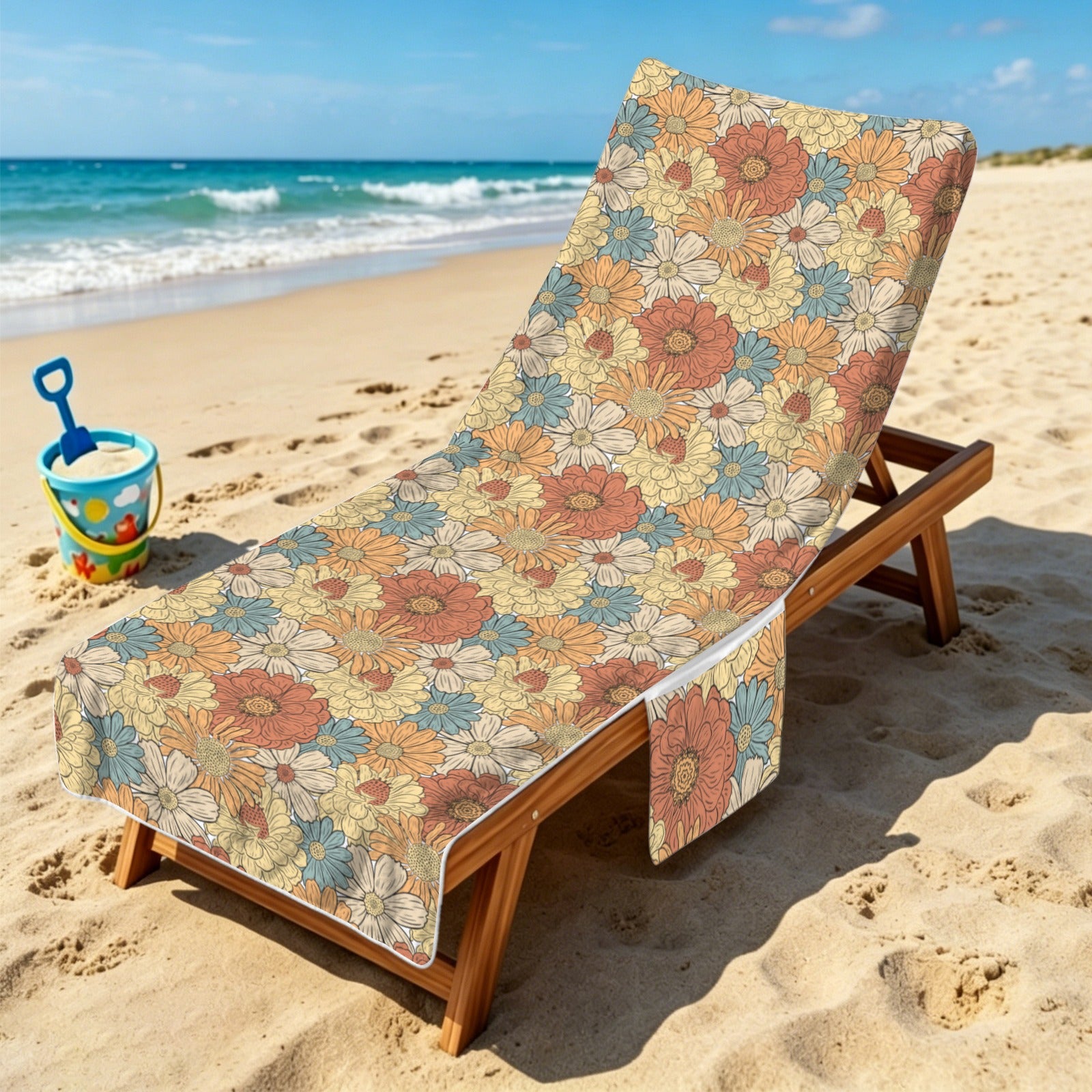Vintage Retro Floral Beach Chair Towel Cover with Side Pockets