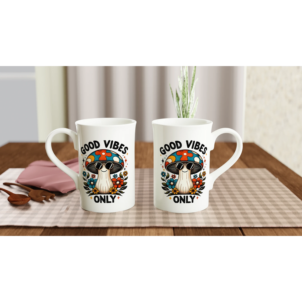 Personalised Good Vibes Only, Hippie Mushroom With Sunglasses White 10oz Porcelain Slim Mug Personalised Porcelain Mug Globally Fulfilled