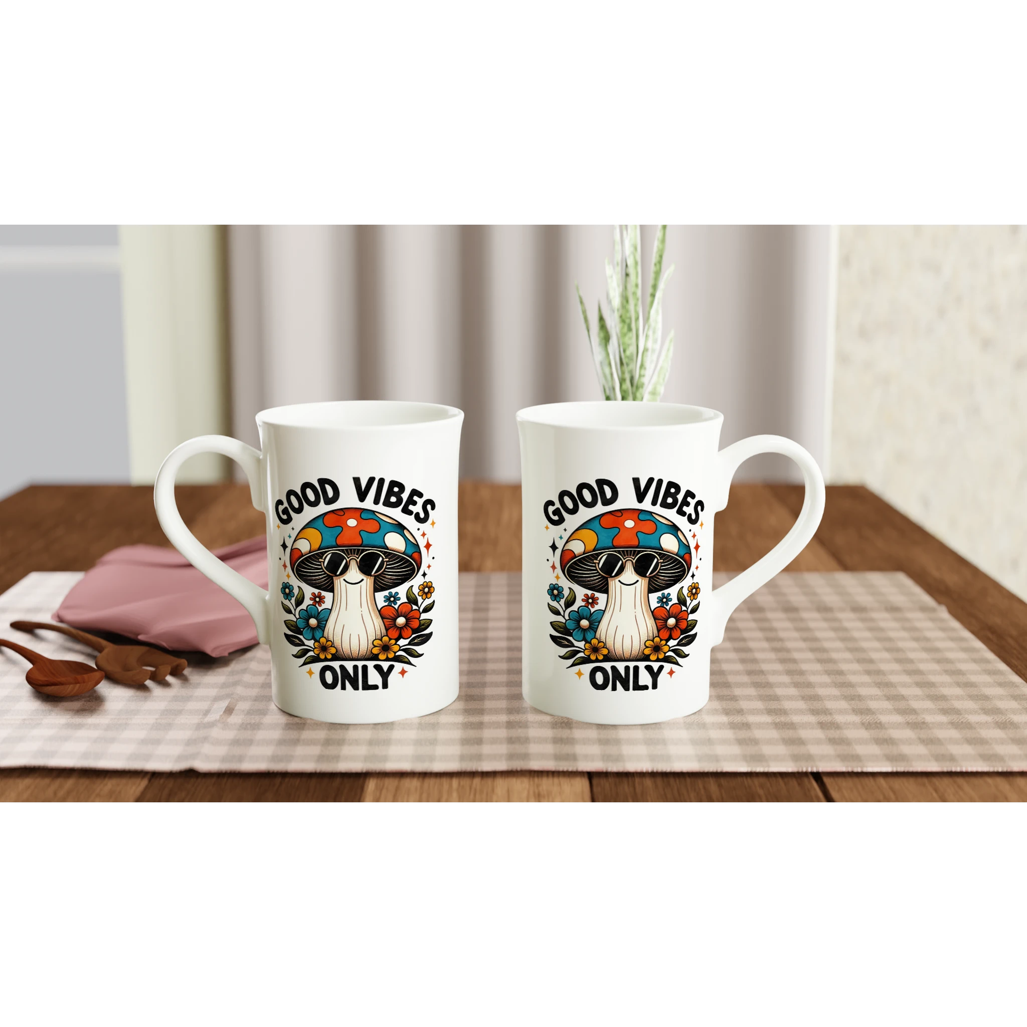 Personalised - Good Vibes Only, Hippie Mushroom With Sunglasses - White 10oz Porcelain Slim Mug Personalised Porcelain Mug Globally Fulfilled