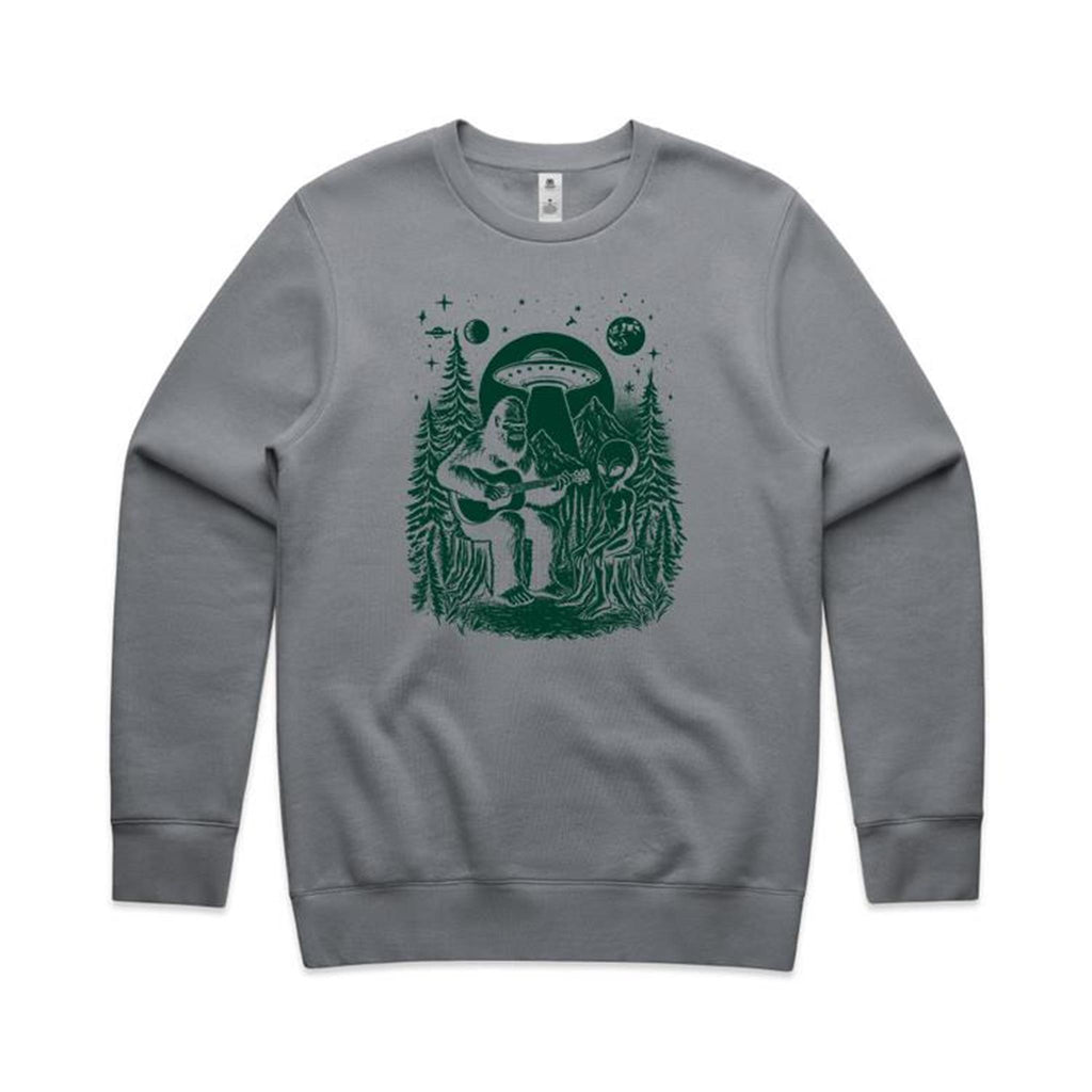 Alien And Bigfoot Playing Guitar - AS Colour Stencil Crew Sweatshirt Gravel Sweatshirt Music Printed In Australia Sci Fi