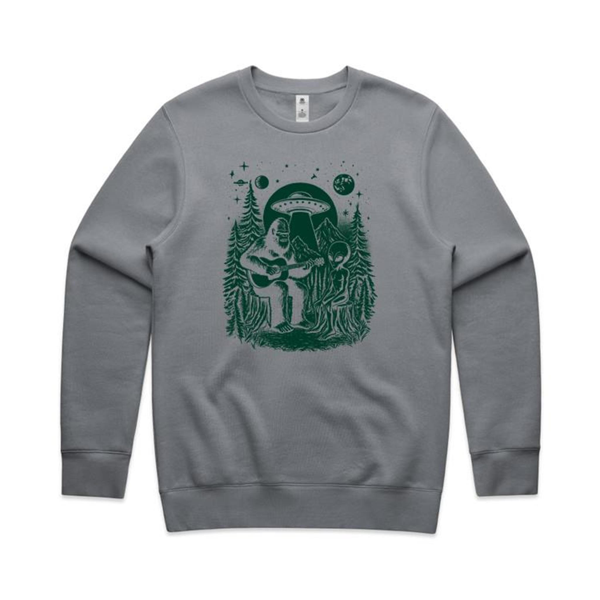 Alien And Bigfoot Playing Guitar - AS Colour Stencil Crew Sweatshirt Gravel Sweatshirt Music Printed In Australia Sci Fi