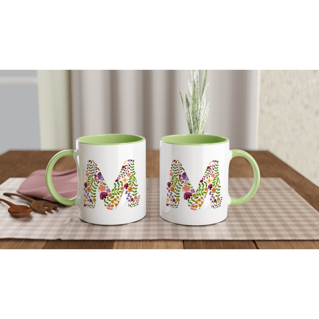 Personalised - Floral Initial - White 11oz Ceramic Mug with Color Inside Personalised 11oz Mug Customise Globally Fulfilled Name Personalise