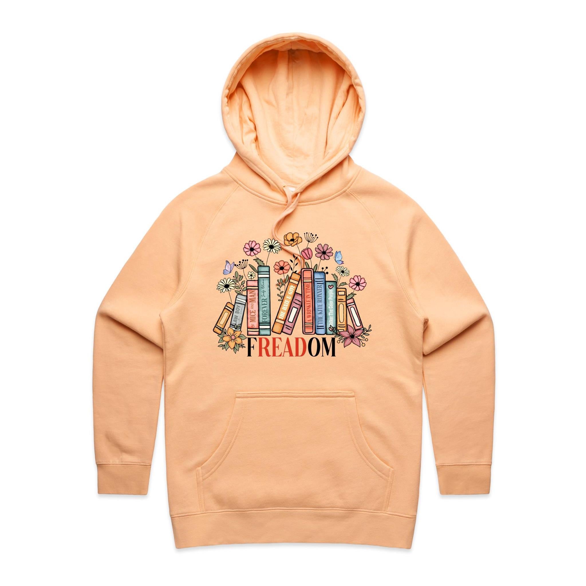Freedom, Reading Books - Womens Hoodie Peach Womens Hoodie Printed In Australia Reading