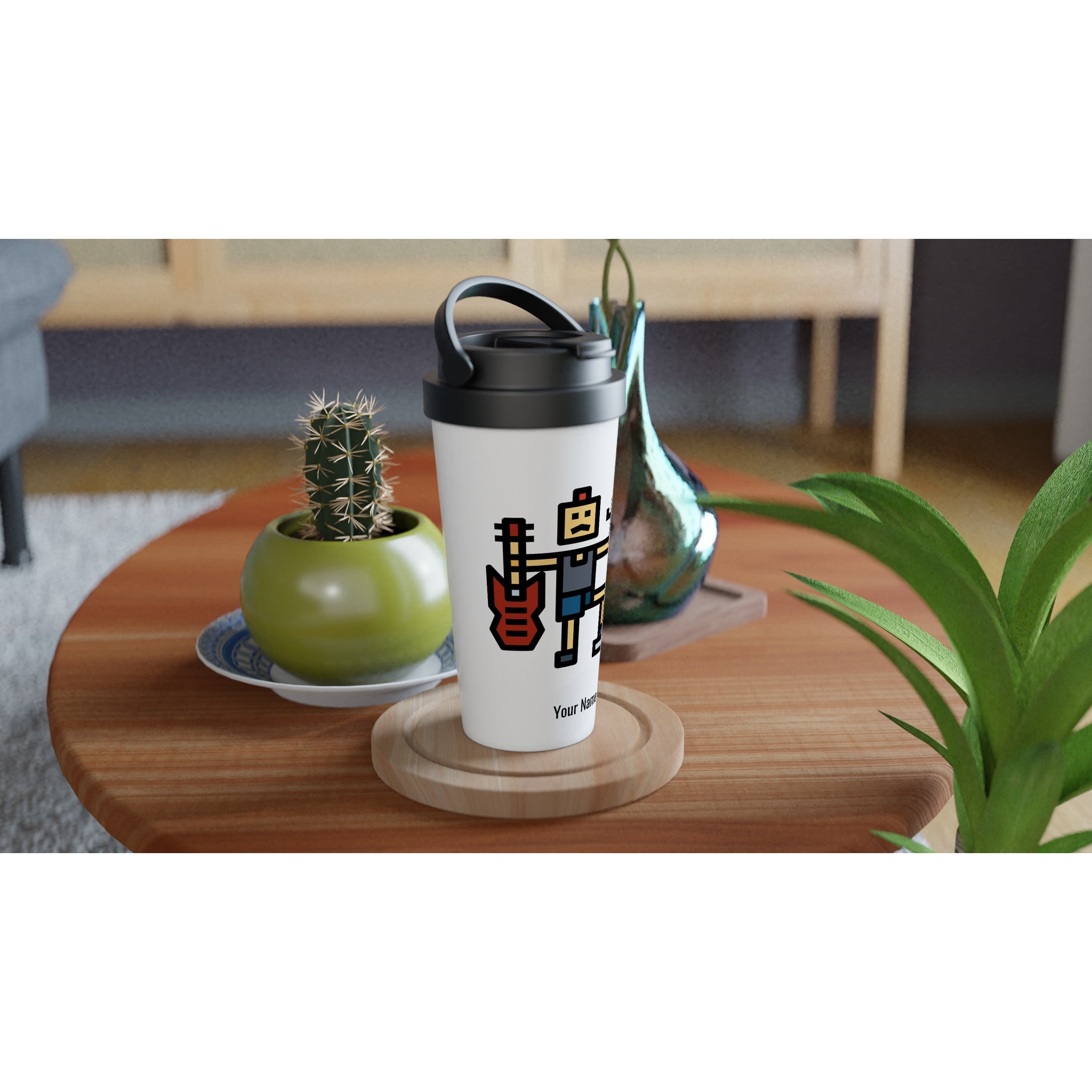 Personalised - Rock And Roll - White 15oz Stainless Steel Travel Mug Personalised Travel Mug coffee Globally Fulfilled music