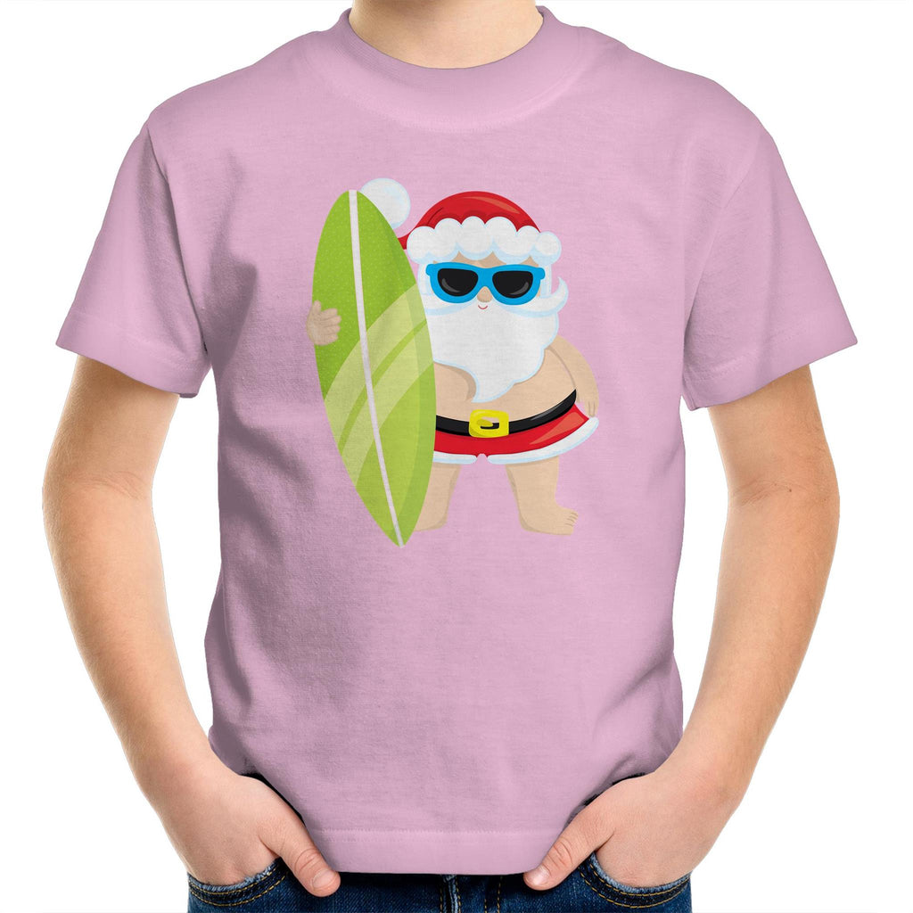 Surf Summer Santa - Kids Youth T-Shirt Pink Kids Christmas T-shirt Christmas Printed In Australia