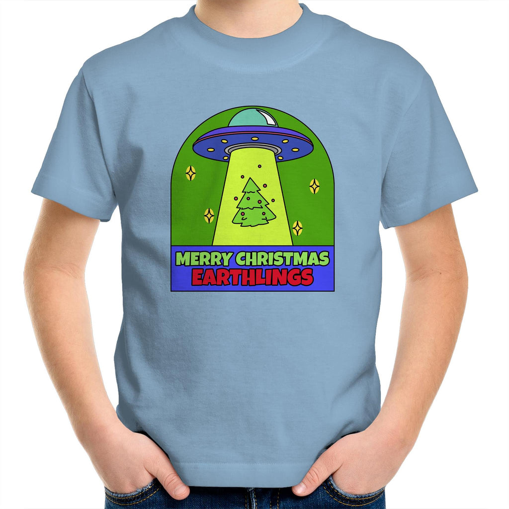 Merry Christmas Earthlings, UFO - Kids Youth T-Shirt Carolina Blue Kids Christmas T-shirt Christmas Printed In Australia