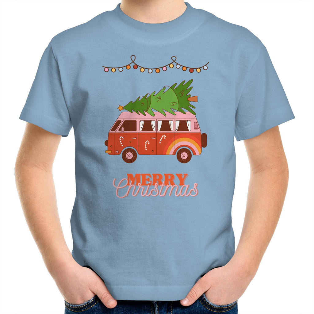 Merry Christmas Hippy Van - Kids Youth T-Shirt Carolina Blue Kids Christmas T-shirt Christmas Printed In Australia