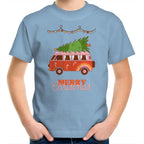 Merry Christmas Hippy Van - Kids Youth T-Shirt Carolina Blue Kids Christmas T-shirt Christmas Printed In Australia
