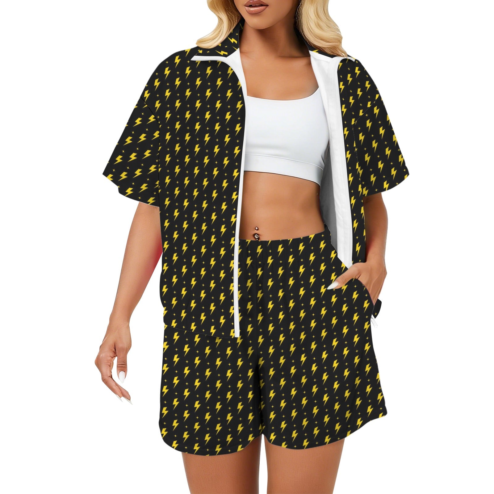 Yellow Lightning Women's Windbreaker Short Set 2XL Women's Windbreaker Short Set comic Printed Offshore