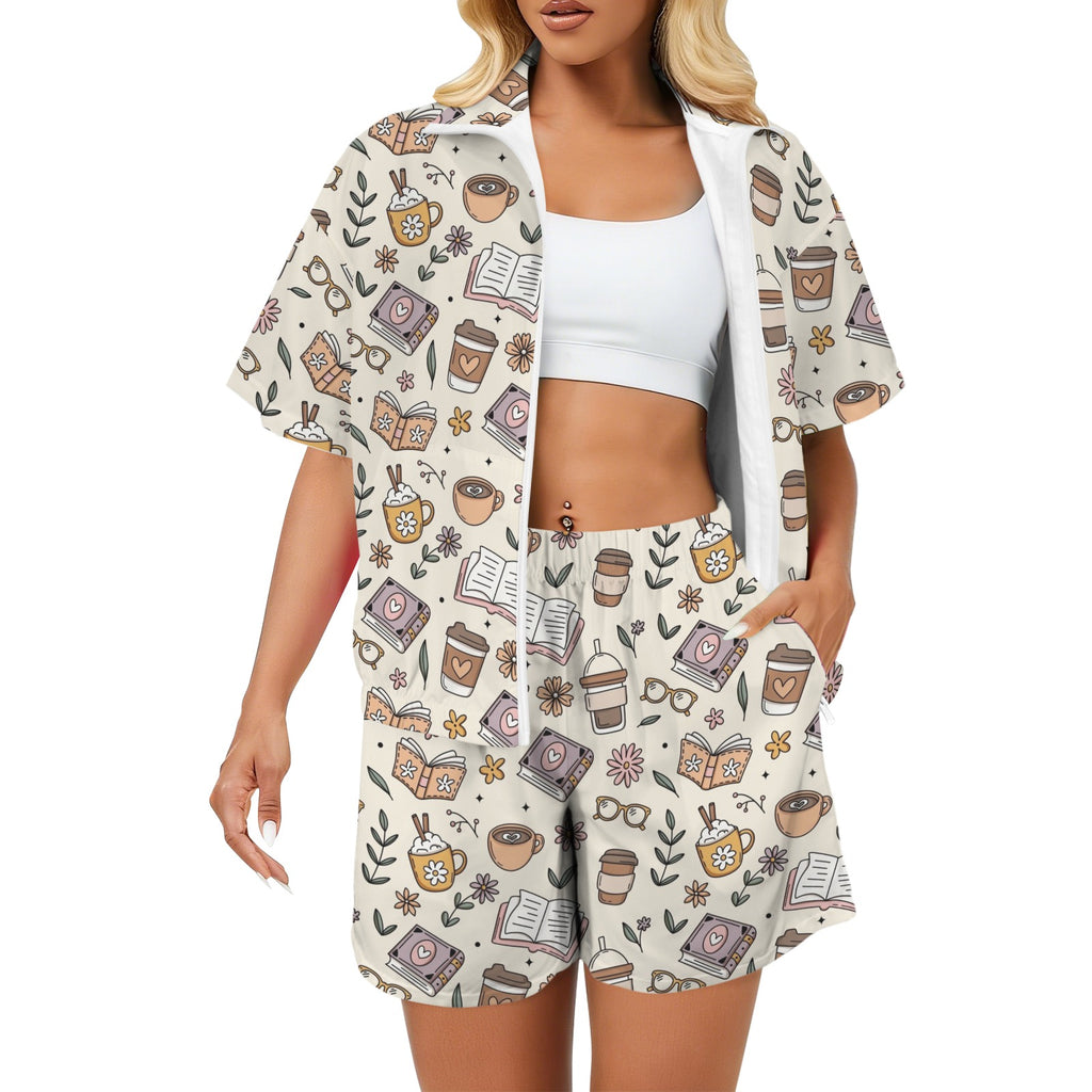 Books And Coffee Women's Windbreaker Short Set 2XL Women's Windbreaker Short Set Coffee Printed Offshore Reading