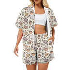 Books And Coffee Women's Windbreaker Short Set 2XL Women's Windbreaker Short Set Coffee Printed Offshore Reading