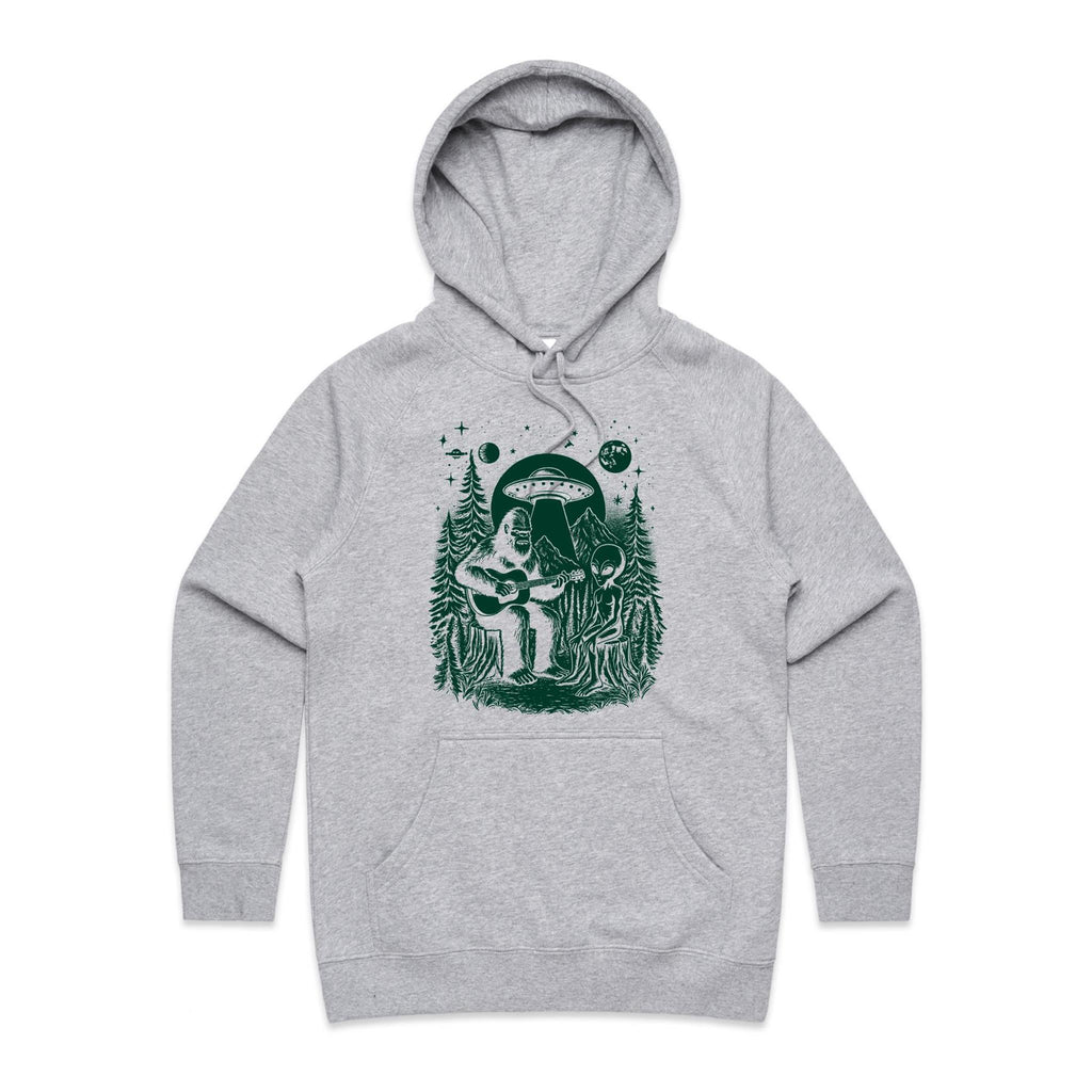Alien And Bigfoot Play Guitar - Womens Hoodie Grey Marle Womens Hoodie Music Printed In Australia Sci Fi