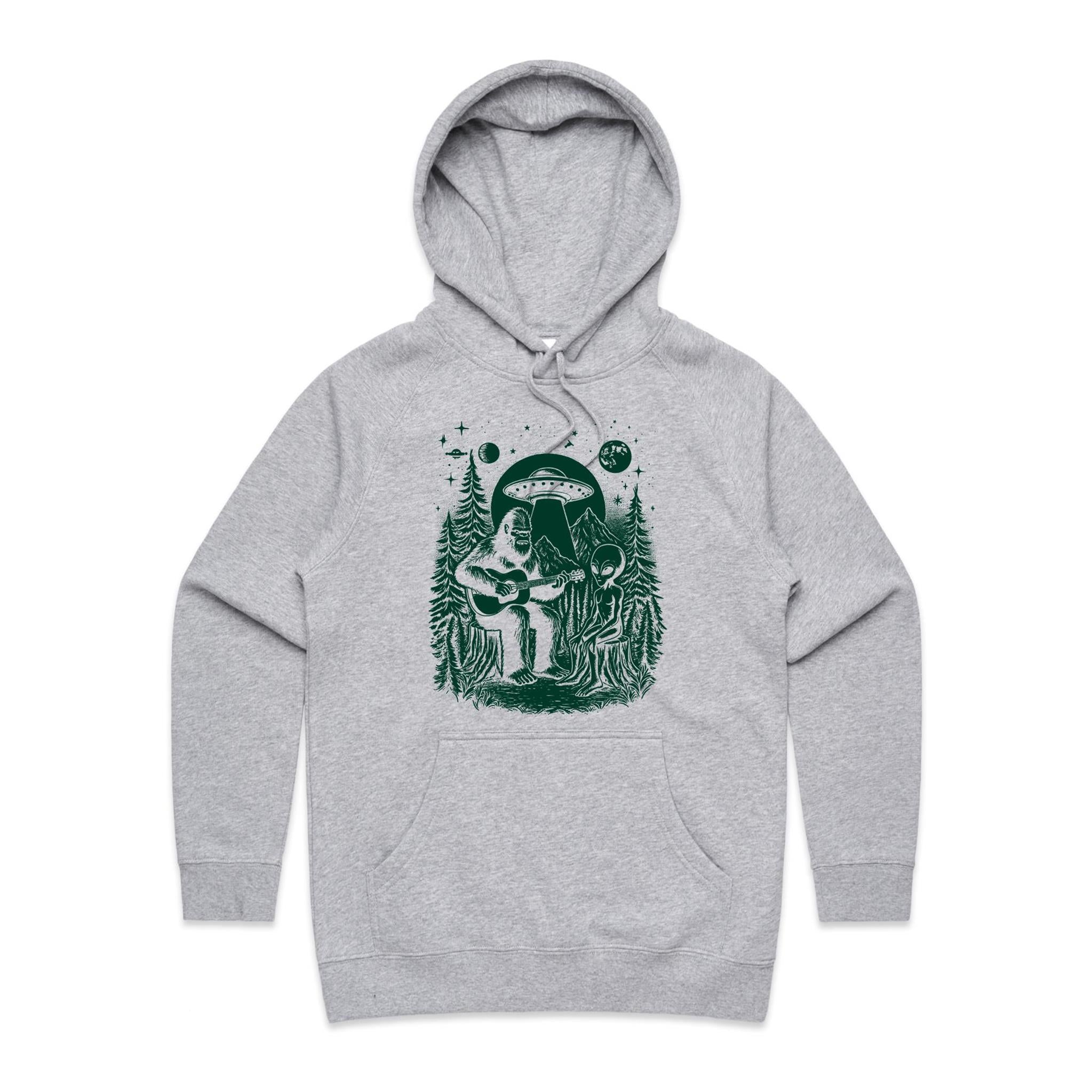 Alien And Bigfoot Play Guitar - Womens Hoodie Grey Marle Womens Hoodie Music Printed In Australia Sci Fi