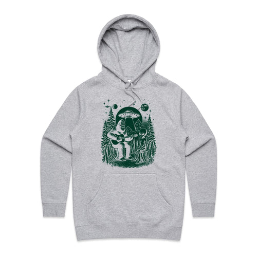 Alien And Bigfoot Play Guitar - Womens Hoodie Grey Marle Womens Hoodie Music Printed In Australia Sci Fi