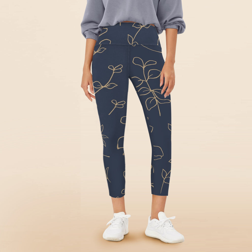 Gold Flowers On Navy - Women's High Waist Pockets Yoga Leggings