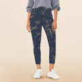 Gold Flowers On Navy - Women's High Waist Pockets Yoga Leggings