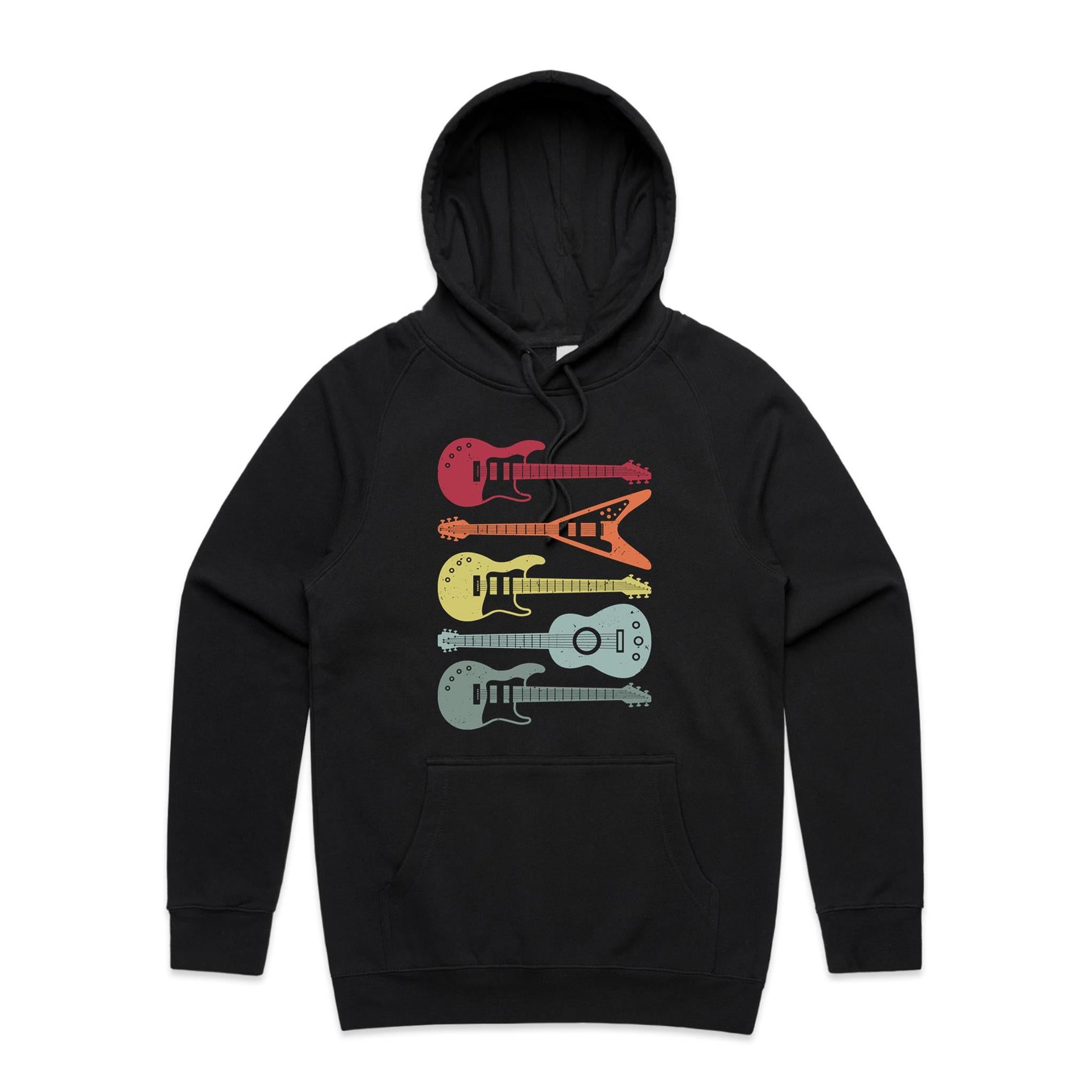 Retro Guitars - Mens Hoodie Black Mens Hoodie Music Printed In Australia