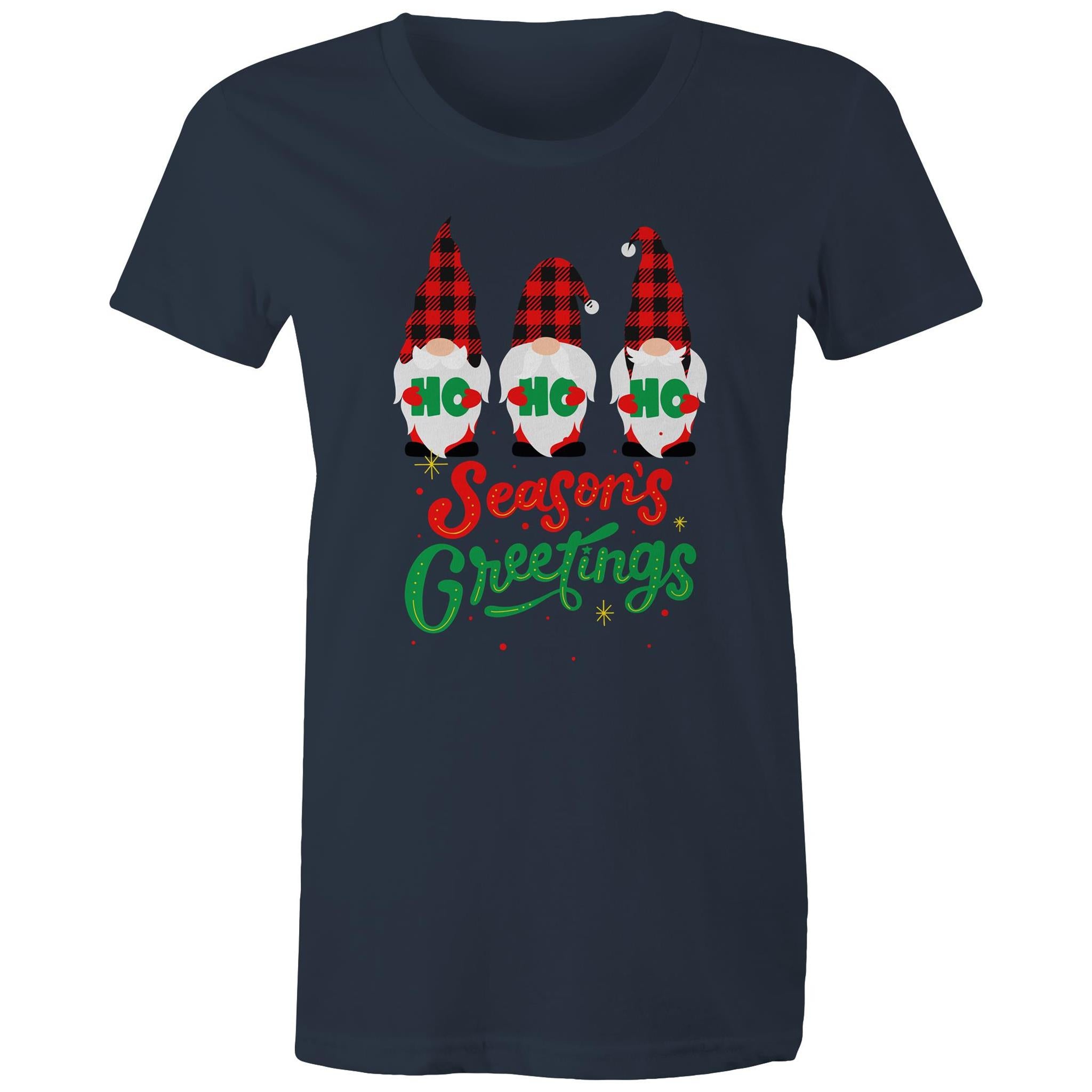 Christmas Gnomes, Seasons Greetings - Womens T-shirt Navy Womens Christmas T-shirt Christmas Printed In Australia
