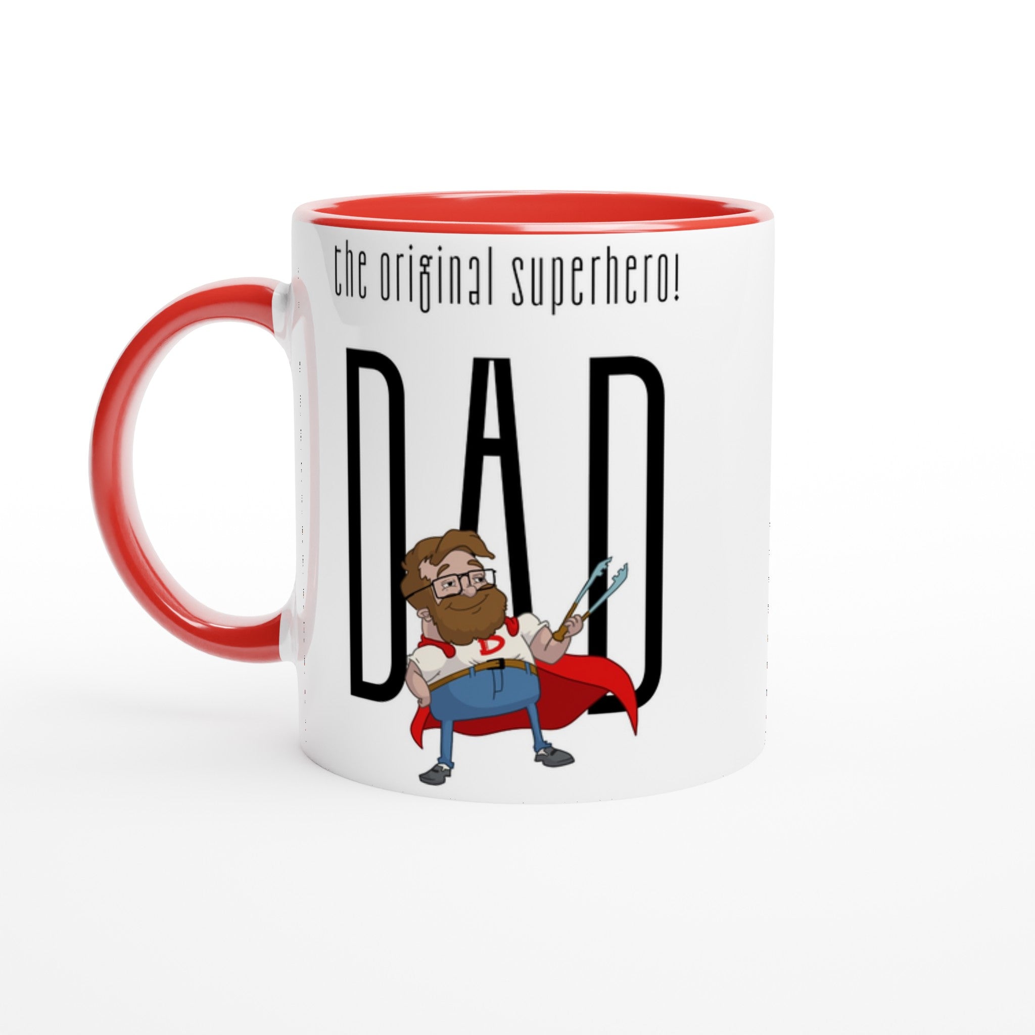 Dad, The Original Superhero - White 11oz Ceramic Mug with Colour Inside Ceramic Red Colour 11oz Mug comic Dad Globally Fulfilled