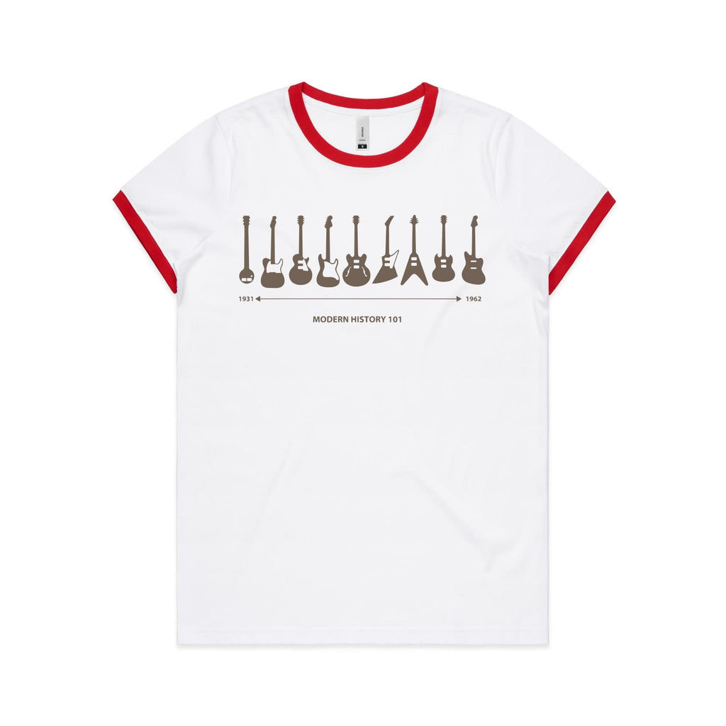 Guitar Timeline - Women's Ringer Tee White Red Womens Ringer T-shirt Music Printed In Australia
