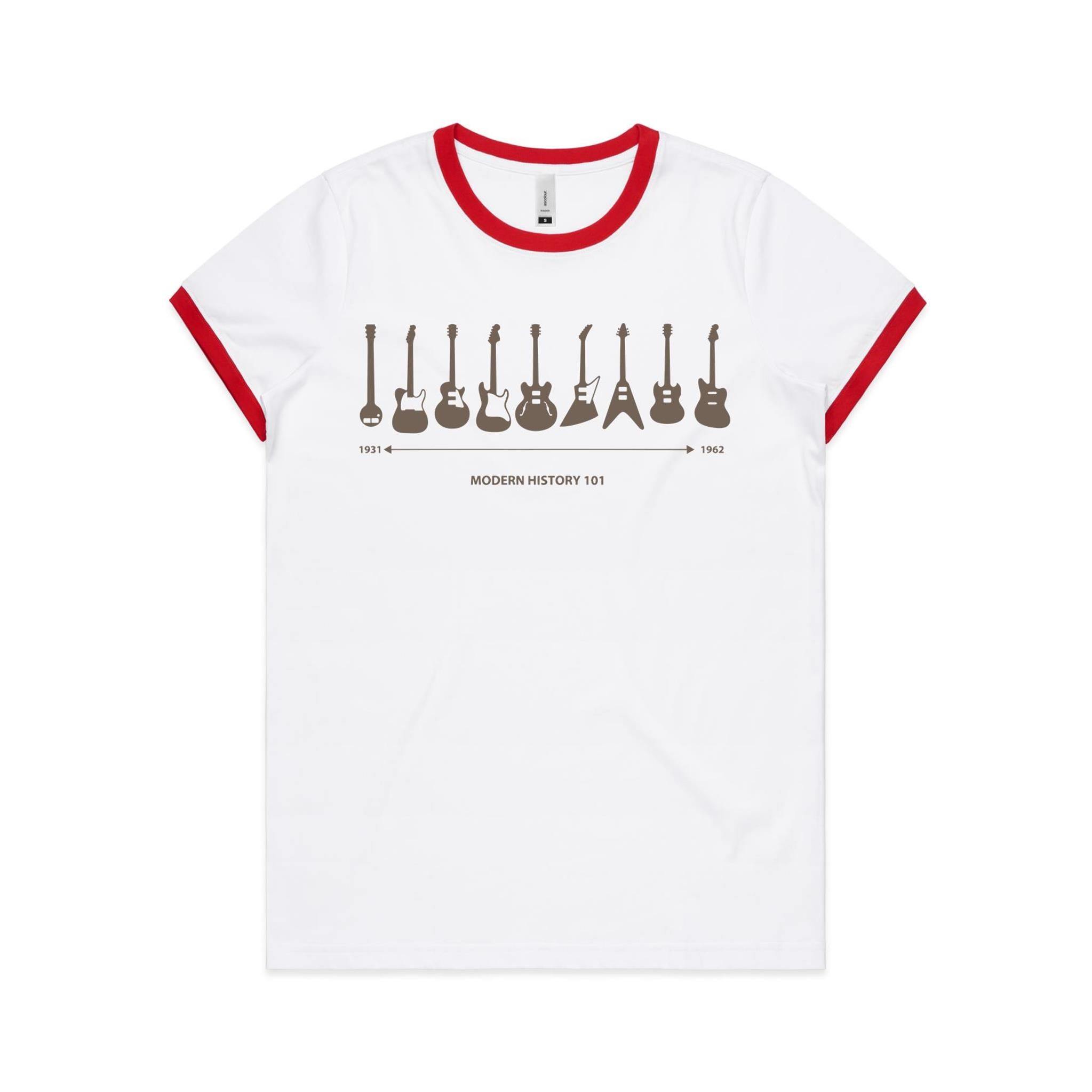 Guitar Timeline - Women's Ringer Tee White Red Womens Ringer T-shirt Music Printed In Australia