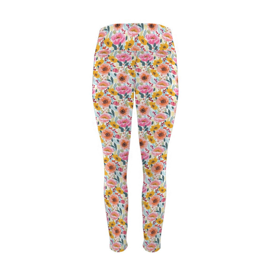 Bright And Colourful Flowers Women's High Waist Pockets Yoga Leggings