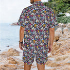 Graphic Flowers On Black Men's Hawaiian Shirt & Shorts Set Men's Hawaiian Shirt & Shorts Set Plants Printed Offshore