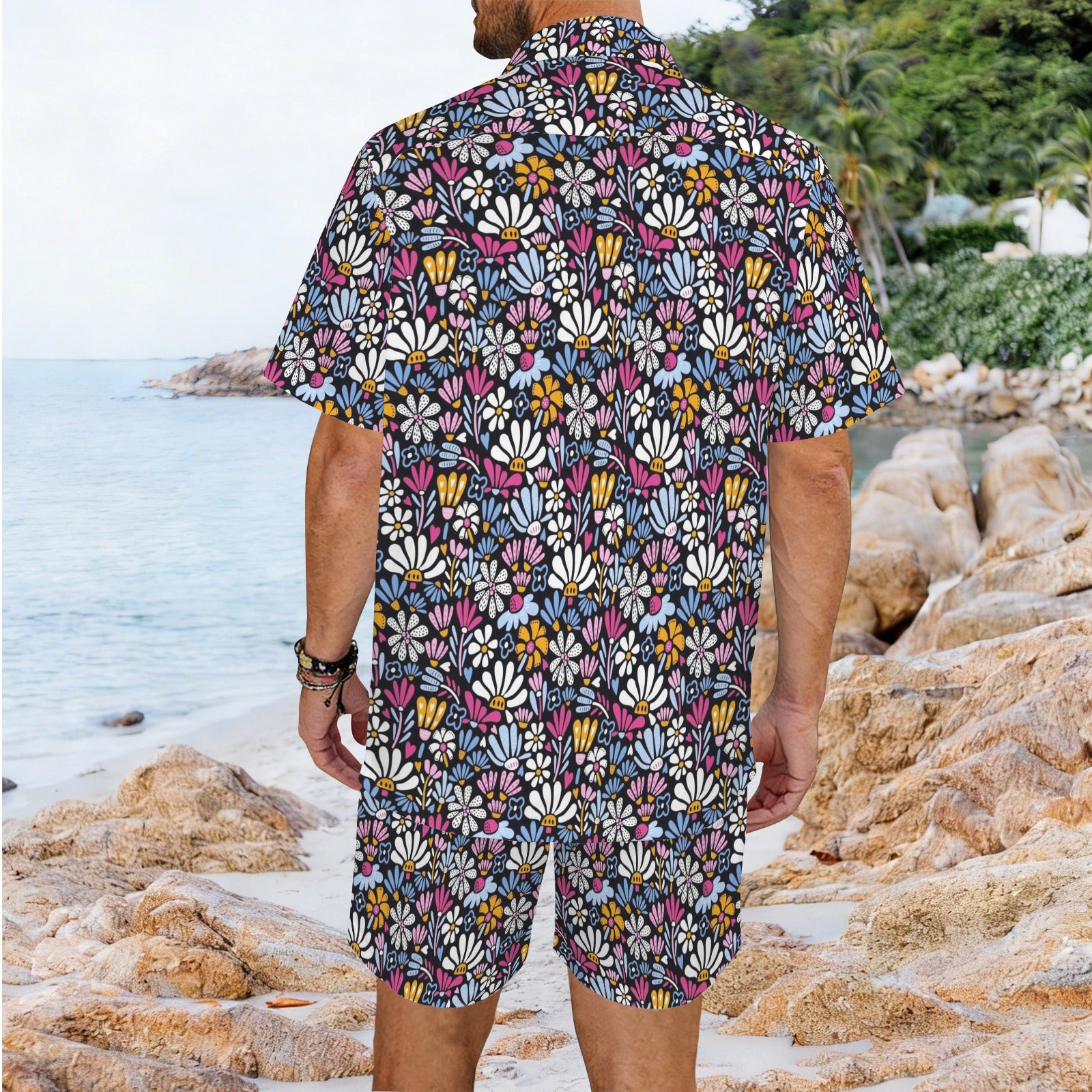 Graphic Flowers On Black Men's Hawaiian Shirt & Shorts Set Men's Hawaiian Shirt & Shorts Set Plants Printed Offshore