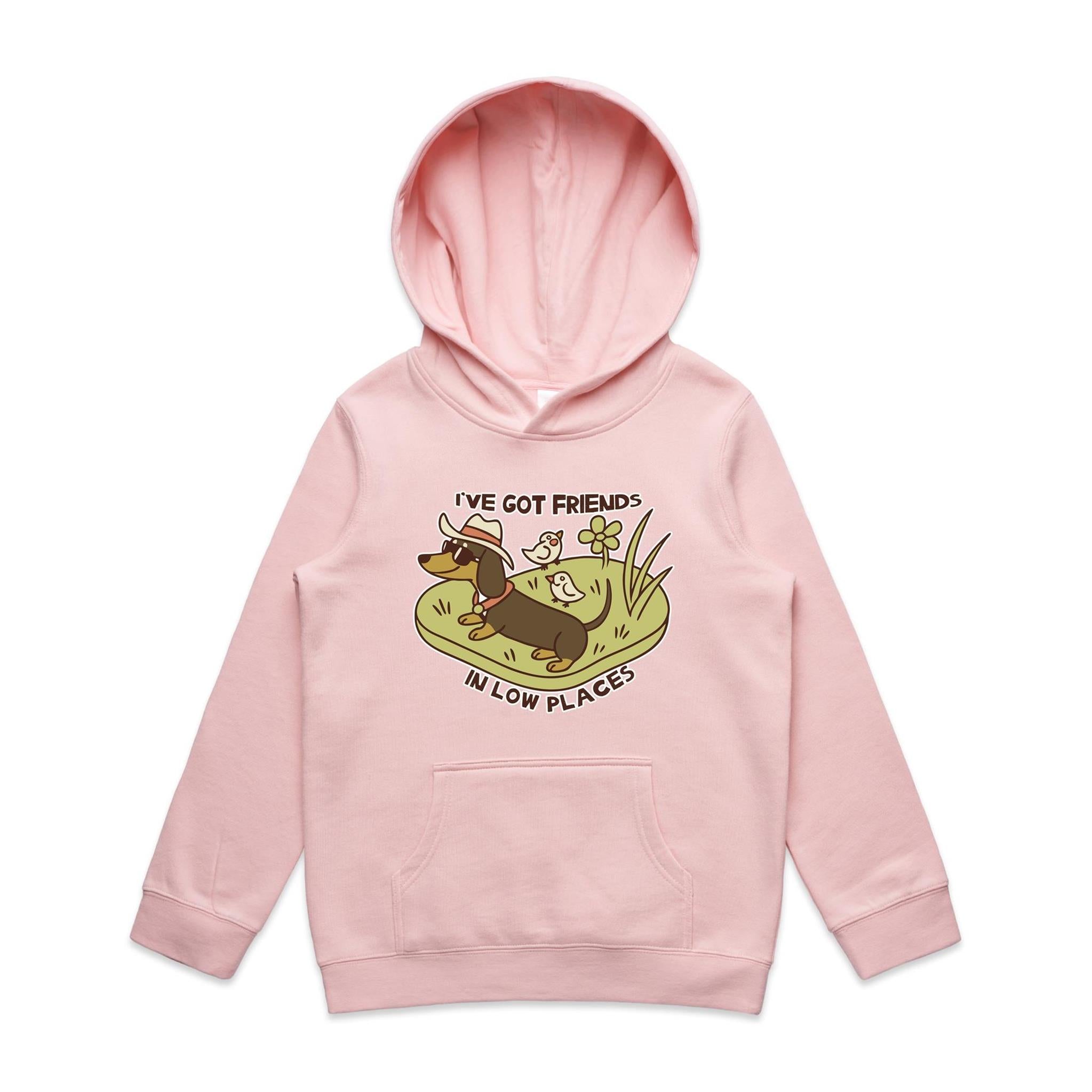 Dachshund, I've Got Friends In Low Places Kids AS Colour Hoodie Pink Kids Hoodie animal Printed In Australia