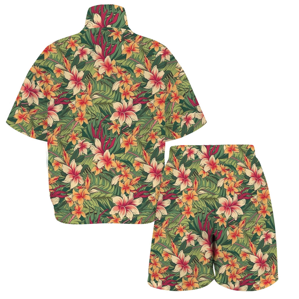 Vintage Hawaiian Floral Women's Windbreaker Short Set Women's Windbreaker Short Set Plants Printed Offshore