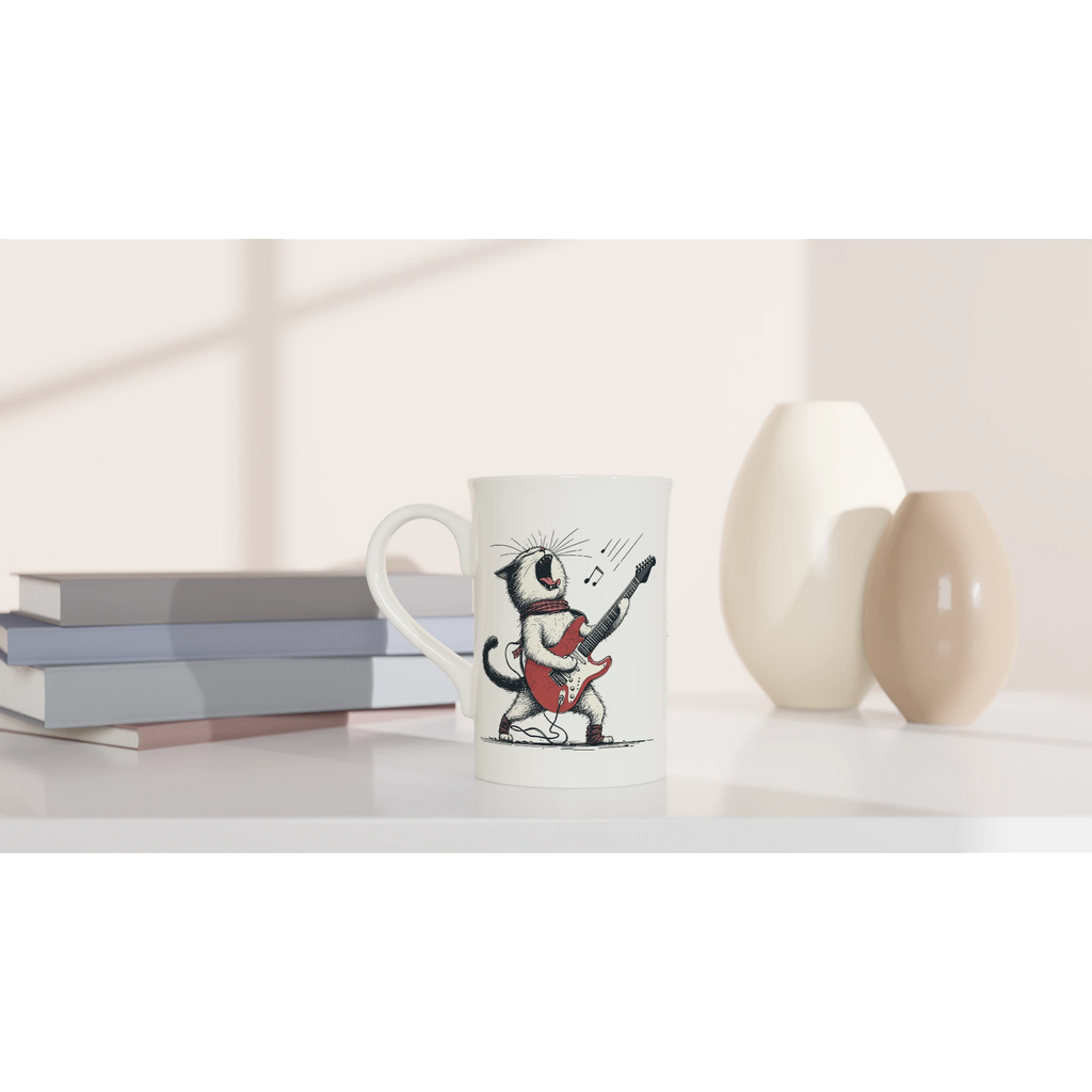 Personalised Cat Playing Guitar White 10oz Porcelain Slim Mug Personalised Porcelain Mug animal Globally Fulfilled Music