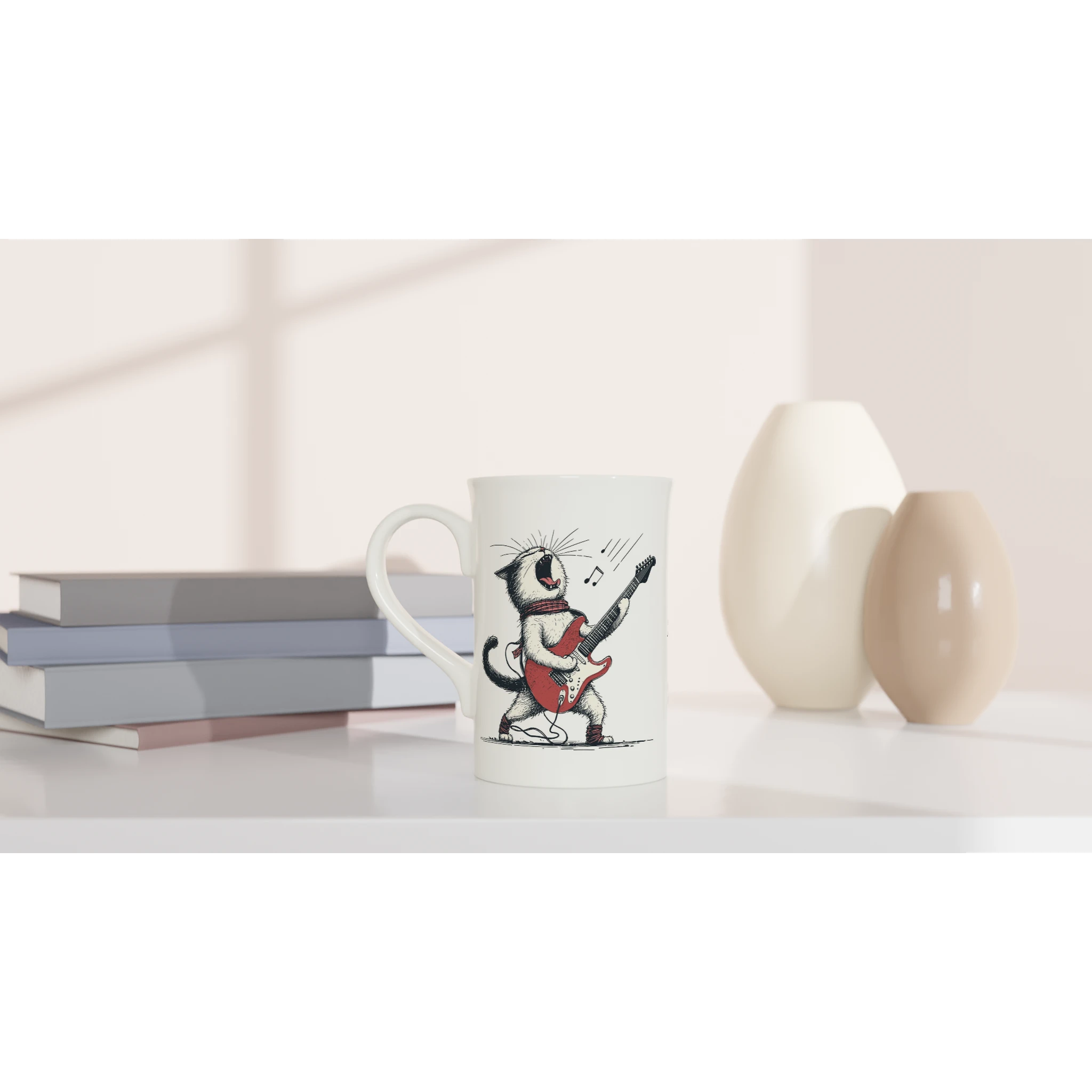 Personalised Cat Playing Guitar White 10oz Porcelain Slim Mug Personalised Porcelain Mug animal Globally Fulfilled Music