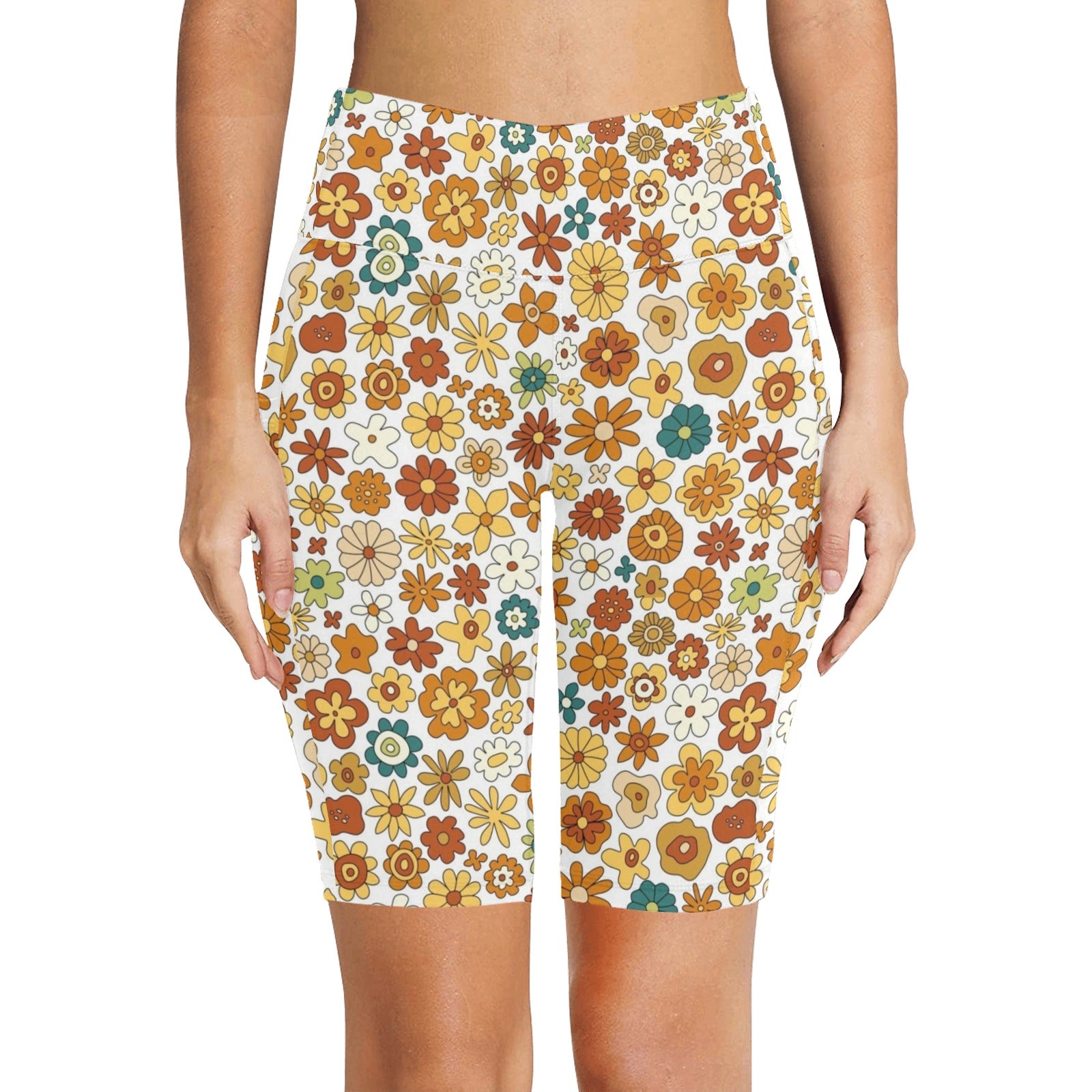 70's Style Floral Women's Bike Shorts With Side Pockets
